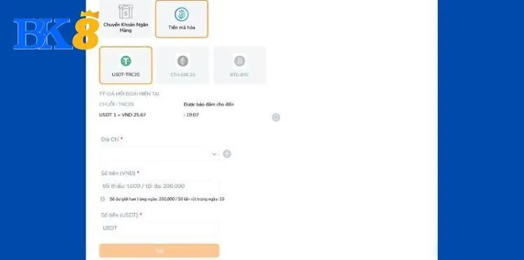 Nhà cái vừa cập nhật thêm hình thức rút tiền BK8 qua Crypto